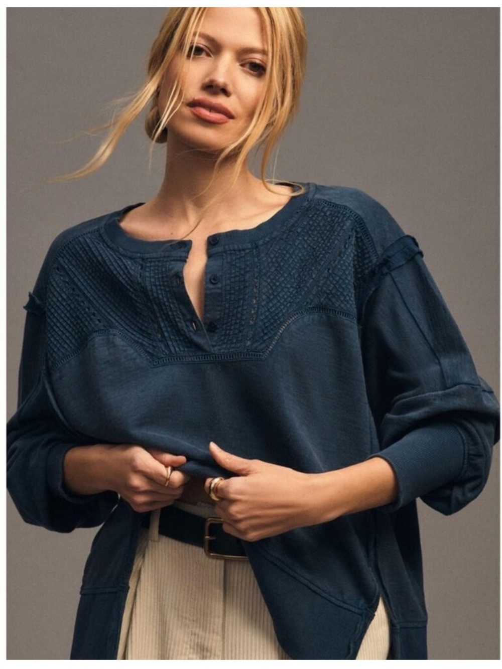 Pilcro Pintuck Sweatshirt Henley Knit Pullover Blue Medium